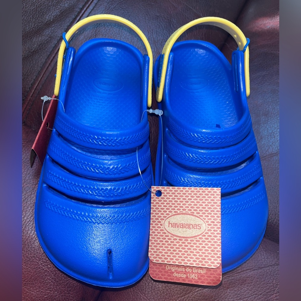 Havaianas Blue & Yellow Slide Clogs sandals shoes sz kids 13C/1Y NWT